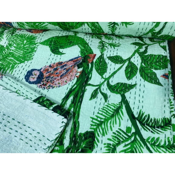 Handmade Green Bird Kantha Quilt, Nature Inspired Block Print Cotton Bedspread, Hand Stitched Indian Boho Throw