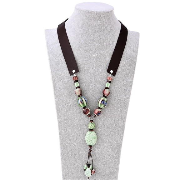 Handmade Green Ceramic & Porcelain Multi Shaped Beads On Charcoal Black Suede Necklace for Women by Isabella Jewelry