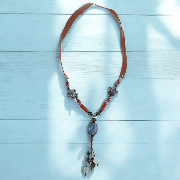 Handmade Green Ceramic & Porcelain Multi Shaped Beads On Tan Camel Suede Necklace for Women by Isabella Jewelry