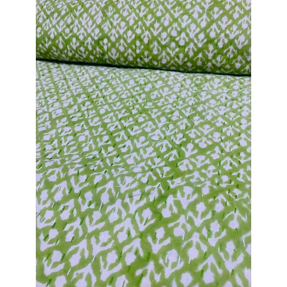 Handmade Green Floral Kantha Quilt, Indian Block Print Cotton Bedspread, Reversible Boho Throw Blanket for Bed Sofa