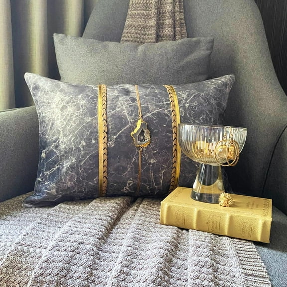 Handmade Grey 12"x16" (30x40 cm) Lumbar Pillow Cover, Suede Gemstone Faux Leather & Marble print Oblong Pillow, Abstract Pattern Modern Style - Solar Quartz Grey