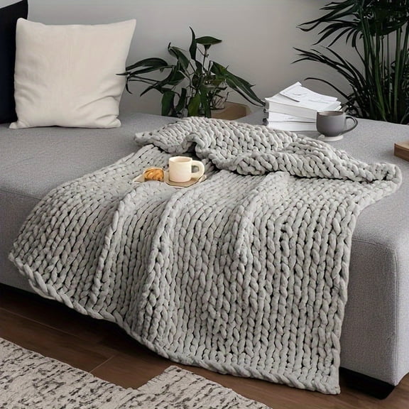 Handmade Grey Chunky Knit Throw Blanket - Soft, Breathable & Reversible for All Seasons - Perfect for Travel, Sofa, Couch, Camping | Machine Washable Polyester