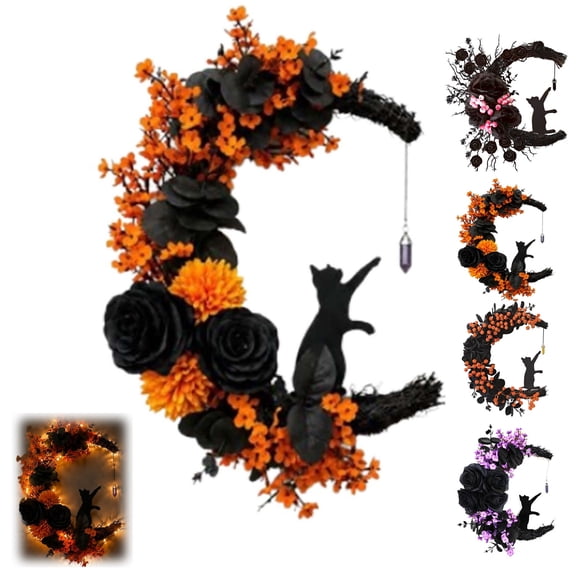 Handmade Halloween Cat Wreath, Illuminated Half-moon Shape A Little Spooky , HSpooky Halloween Decorations Indoor Outdoor, Fall Harvest Wreath for Home Porch Wall Entryway