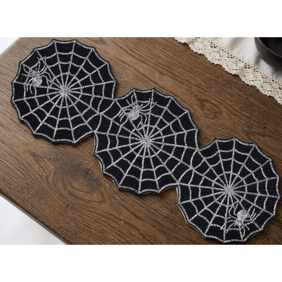Handmade Halloween Spider Table Runner, Beaded Spider Web Table Runner, Halloween Cob Web Table Decoration 13X36 Inches