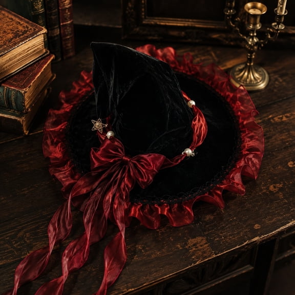 Handmade Halloween Witch Hat Wide Pointed Wizard Hat With Red Ruffle Bow, Lace Gothic Style, Pearl and Star Pendant, Soft Flocking Cloth for Party Photoshoot