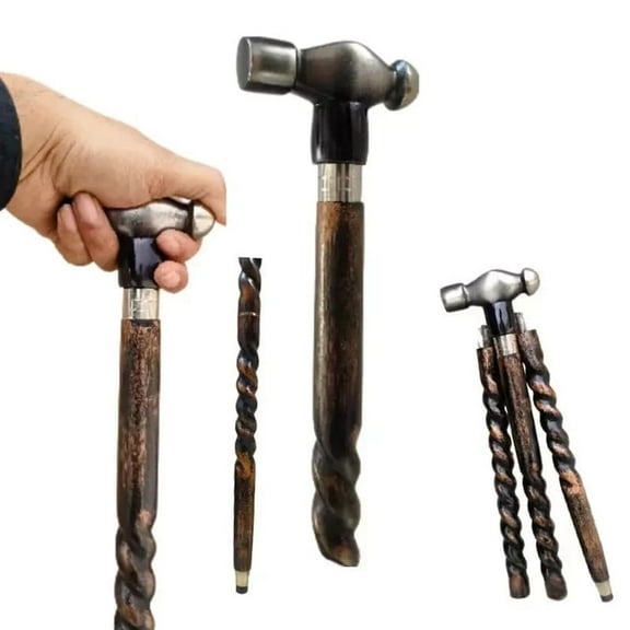 Handmade Hammer Spiral Wooden Walking Cane Stick - Unique Gift for Men, Retirees and Travelers