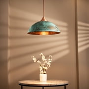 Handmade Hammered Copper Pendant Light   Green Patina Farmhouse Ceiling Light for Kitchen, Dining Room, Rustic & Industrial Home Decor