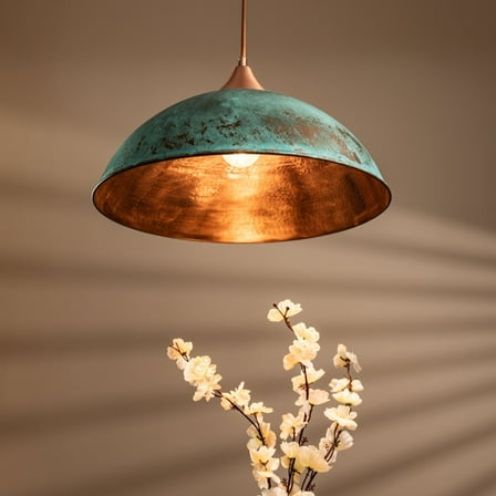 Handmade Hammered Copper Green Patina Pendant Light | Timeless Farmhouse Elegance