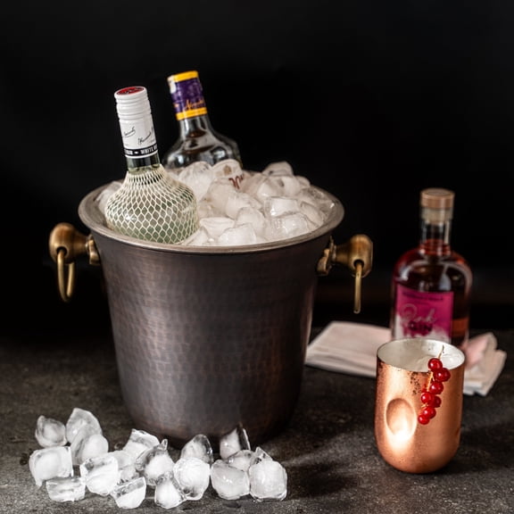 Handmade Hammered Copper Ice Bucket Dark Copper with Brass Handles