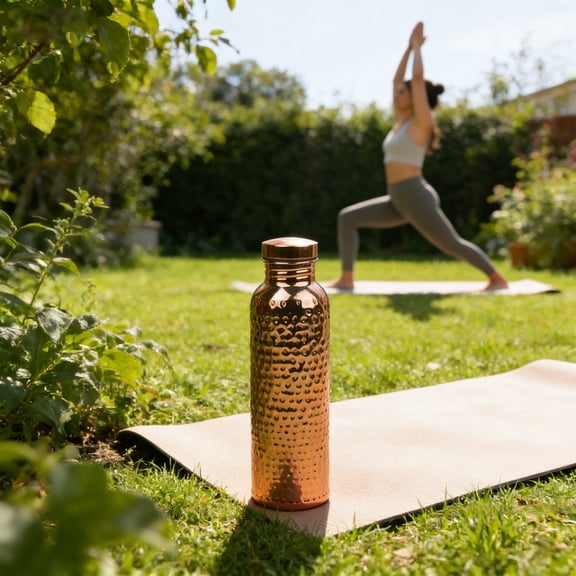 Handmade Hammered Copper Water Bottle, 800ml Ayurvedic Yoga Water Container, Polished Copper Jug, Golden