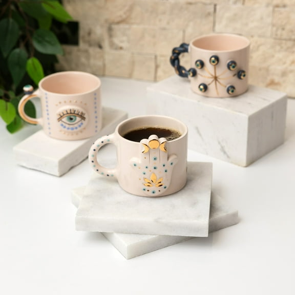 10 oz / 300 ml Handmade Hamsa Symbol Ceramic Mug With Gold Accents | Gift for Women, Mother, Girl, Mom, Mothers Day or Christmas