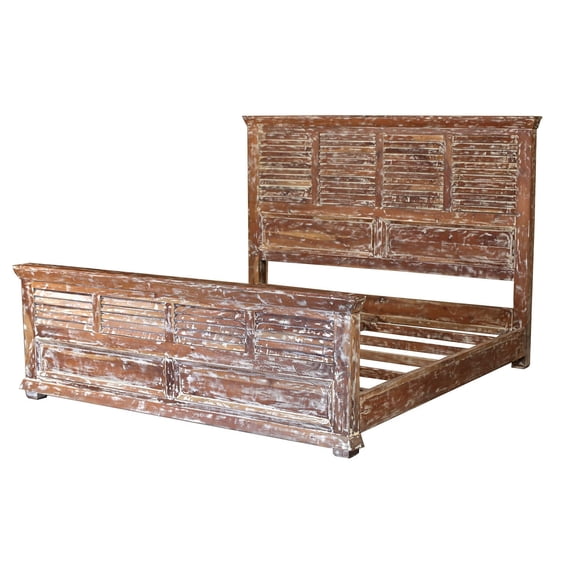 Handmade Hand Craved King Size Bed With Shutter Style Headboard & Footboard | Farmhouse Style Distressed Bedroom Bed