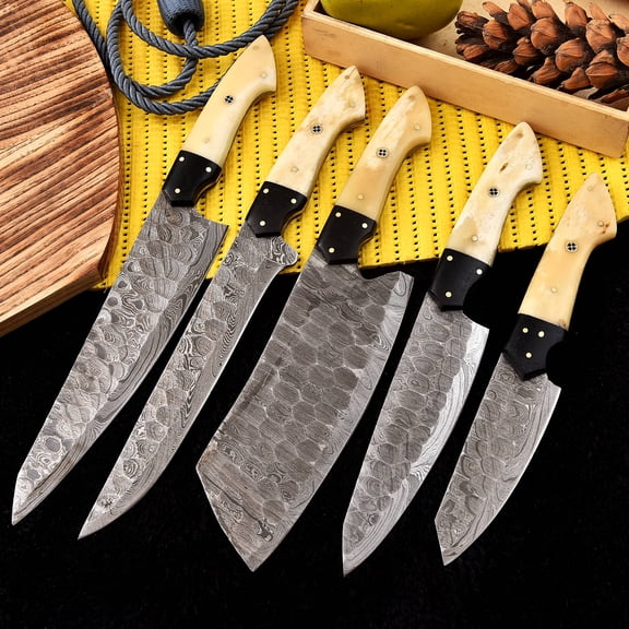 Handmade Hand Forged Damascus Steel Chef Knife Set, Twist Pattern, 512 Layers, 5 Piece