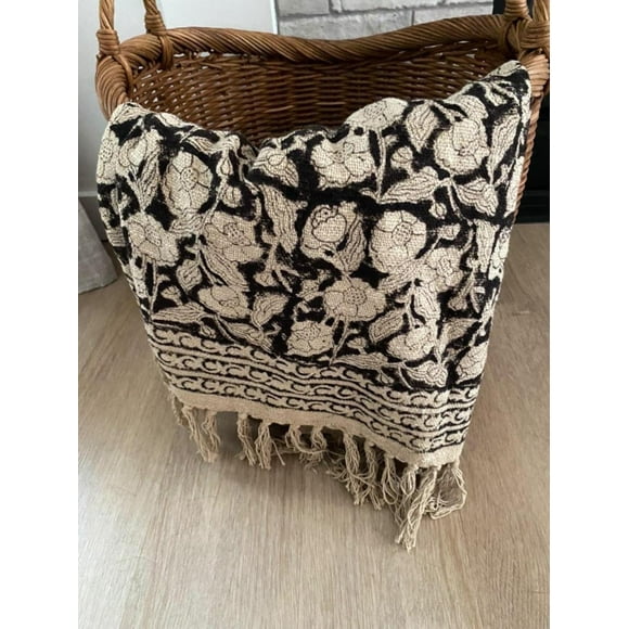 Sofa Throw Handmade Handblock Print Cotton Throw Blanket with Tassels - Elegant Sofa Decor by A and E Textile House"