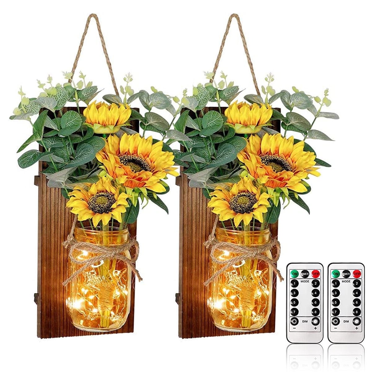 Handmade Hanging Sunflower Mason Jar Sconces, Set of 2 Farmhouse Kitchen Decor with Remote Control LED Fairy Lights for Home Kitchen Bedroom Wall Decor