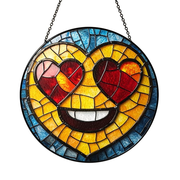 Handmade Heart Eyes Emoji Stained Glass Suncatcher, Round Window Hanging Gift