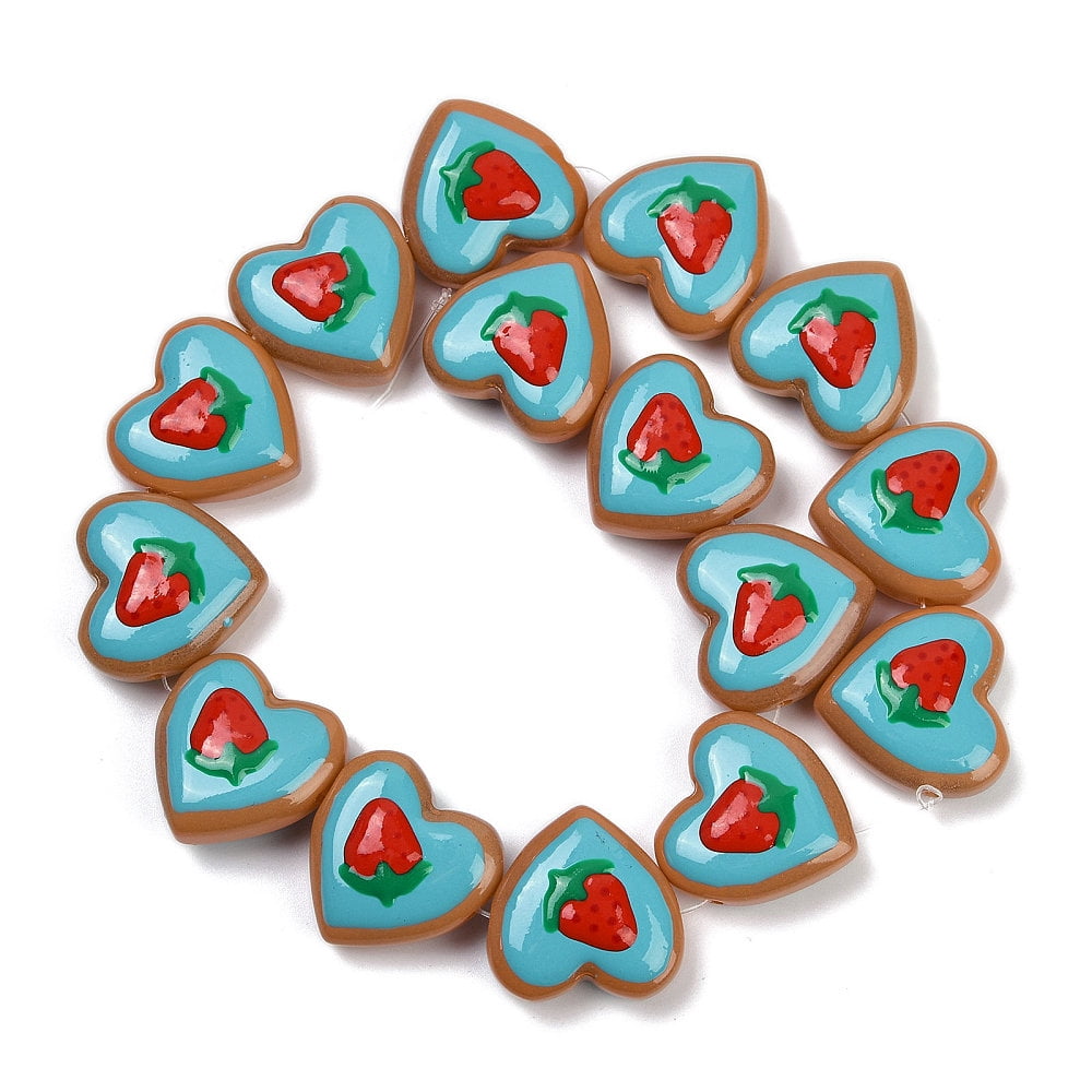 Handmade Heart Lampwork Beads Strands Strawberry Light Sea Green 24x24x11mm Hole: 1.4mm 15pcs/strand 14.17''(36cm)
