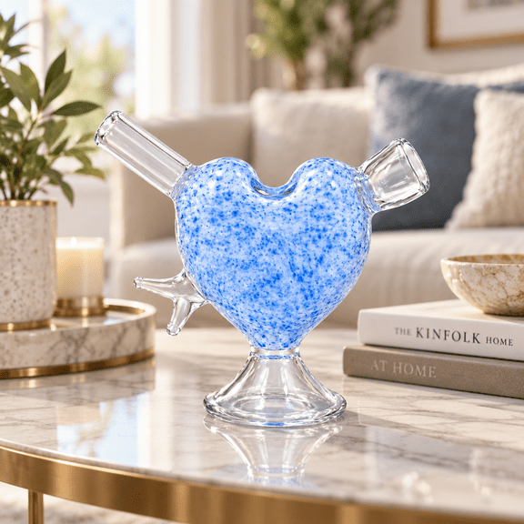 Handmade Heart-Shaped Glass Plant Watering Vessel, Blue Speckled Design with Clear Spout