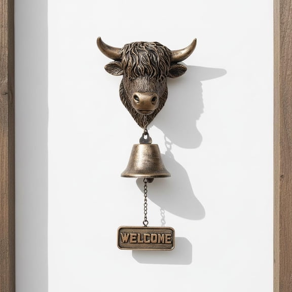 Handmade Highland Cow Welcome Bell, Vintage Cast Iron Dinner Bell with Crisp Sound, 3D Highland Cow Head Design, Entrance Bells Hanging House for Garden, Porch, Ranch, Outdoor(Q)