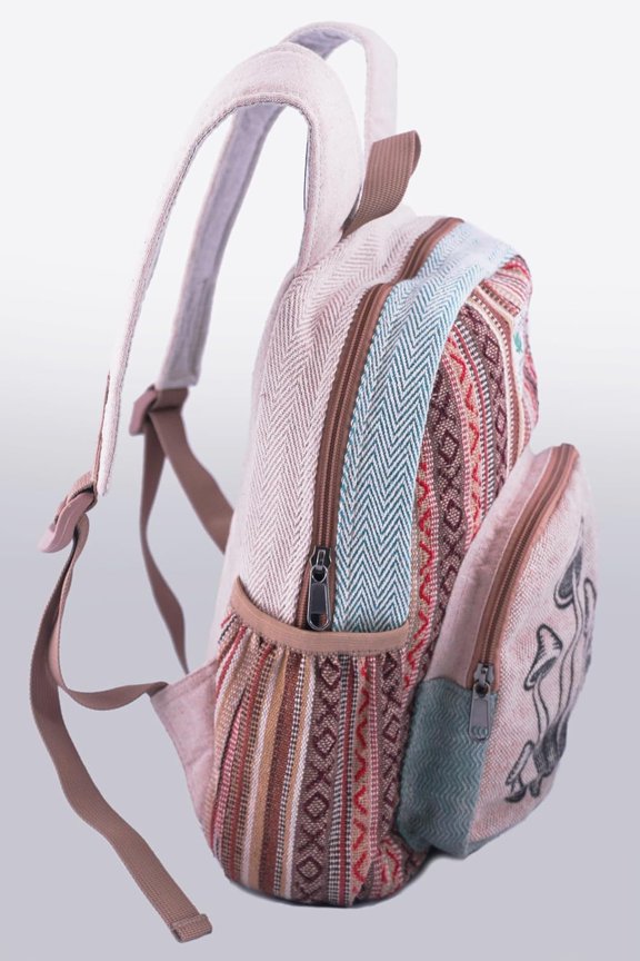 Handmade Himalayan Hemp Bohemian Daypack Backpack, Mushroom Print, Travel, Hiking, Purse