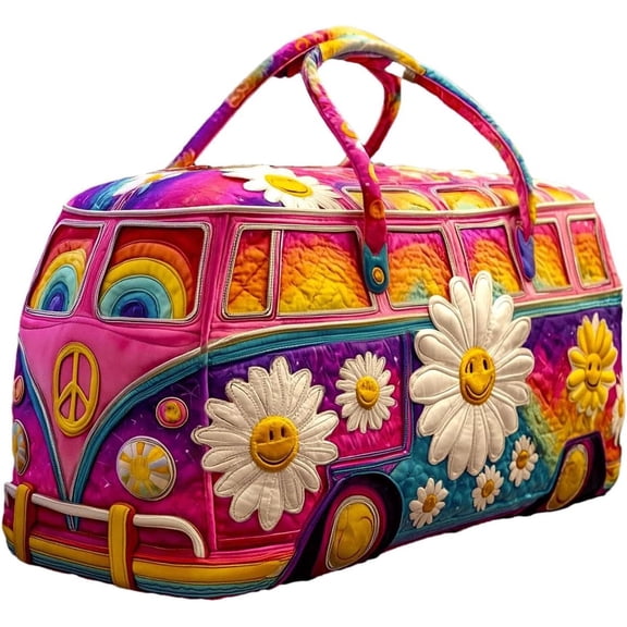 Handmade Hippie Van Quilted Duffle Bag, Original Boho Travel Weekender Bag with Adjustable Strap (A, Large (18"x9"x9"))