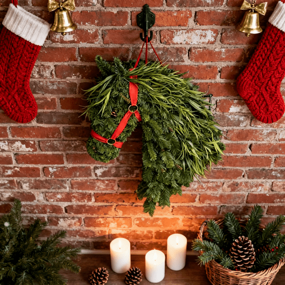 Handmade Horse Head Wreath, Rustic Christmas Wreath, Equestrian Front Door Decoration, Faux Greenery Pine Horse Head Wreath for Holiday Porch Decoration