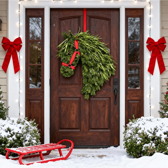 Handmade Horse Head Wreath, Rustic Front Door Decoration, Christmas Equestrian Wreath with Faux Greenery, Pine Swag, and Red Bow for Holiday Porch