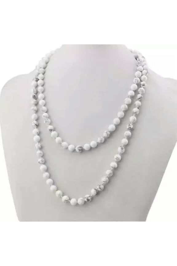 Handmade Howlite Knot Bead Statement Necklace Natural Stone Beaded Chain Jewelry
