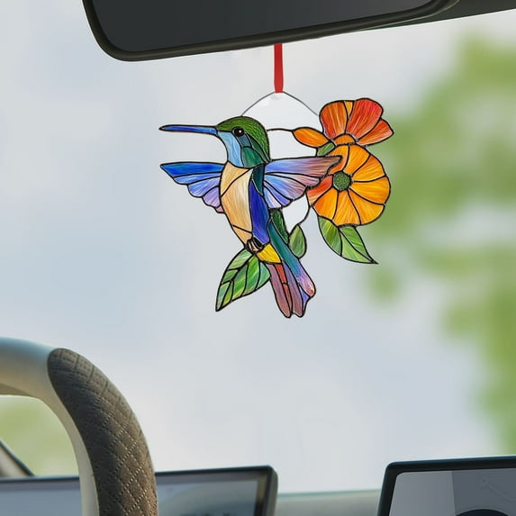 Handmade Hummingbird Stained Glass Suncatcher - Colorful Garden Decor Hanging Window Art, Nature-Themed Home Gift with Easy Chain Installation, Vibrant Bird Ornament