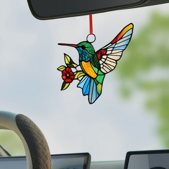 Handmade Hummingbird Stained Glass Suncatcher - Colorful Garden Decor Hanging Window Art, Nature-Themed Home Gift with Easy Chain Installation, Vibrant Bird Ornament