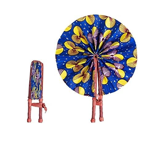 Handmade In Ghana African Ankara Fabric Decorative Folding Fan With Genuine Leather Handles (Fan B)