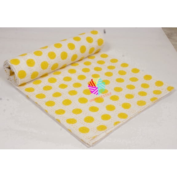 Ozark Textile Handmade Indian Block Print Kantha quilt handmade patterns Yellow Polka Dots on White Background - Vibrant and Cheerful Design
