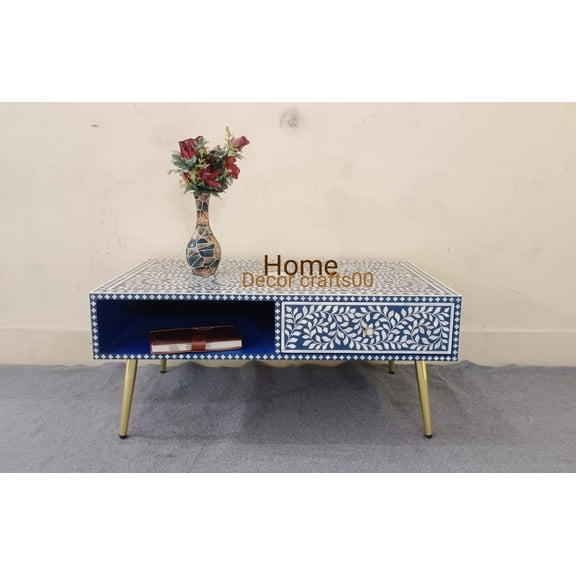 Handmade Indian Bone Inlay Coffee Table: Floral Pattern, 1 Drawer