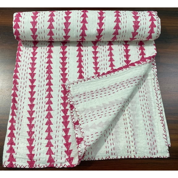 Handmade Indian Cotton Pink Geometric Block Print Kantha Quilt, Hand Stitched Reversible Throw, Boho Decor
