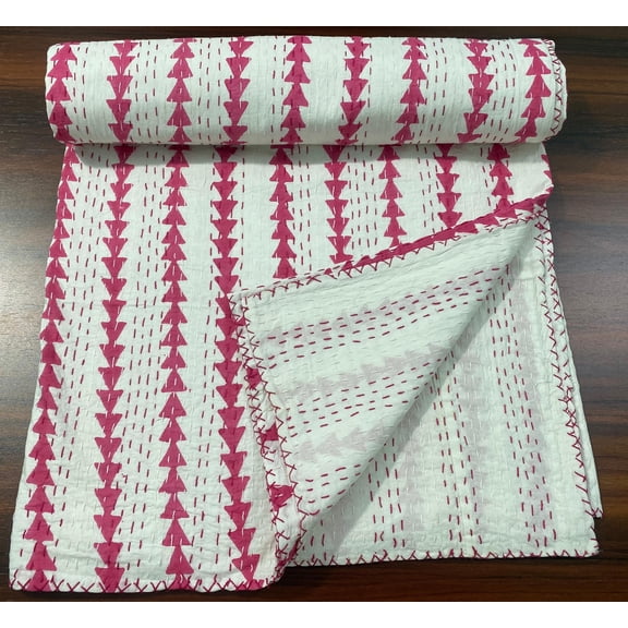 Handmade Indian Cotton Pink Geometric Block Print Kantha Quilt, Hand Stitched Reversible Throw, Boho Decor