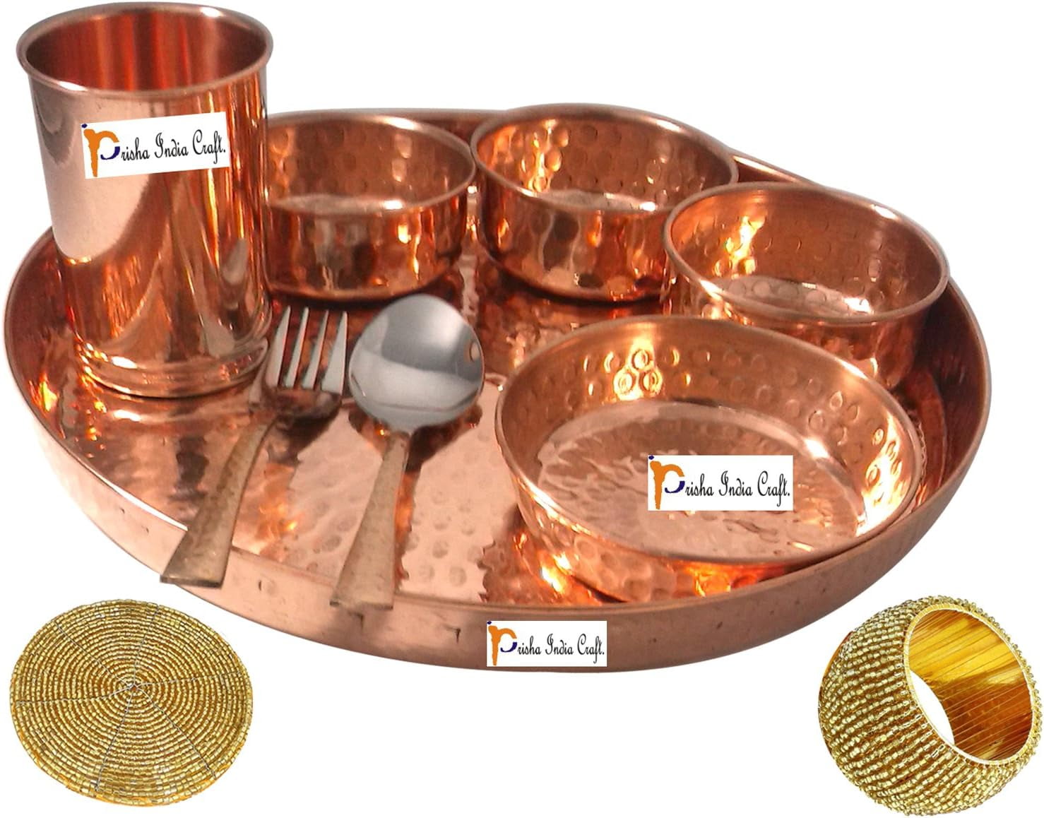 Handmade Indian Dinnerware Pure Copper Thali Set Dia 12"