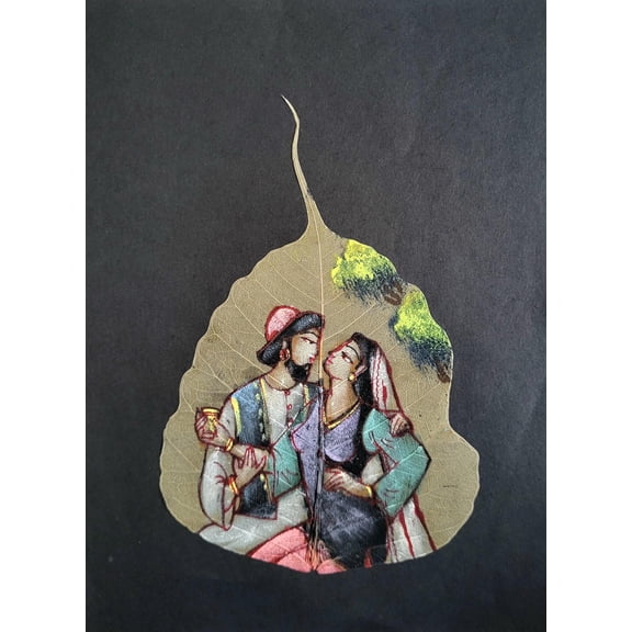 Handmade Indian Leaf Painting - Romantic Couple Portrait - Pipal Leaf Art (9 * 6.5 inch) (Unframed)