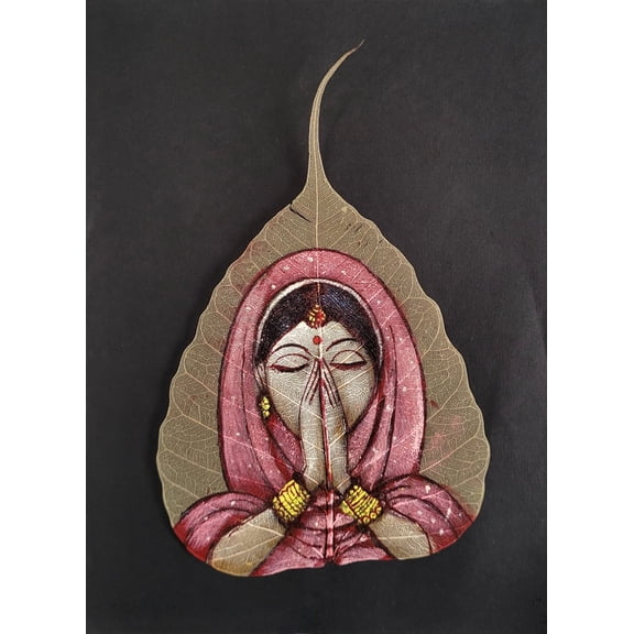 Handmade Indian Leaf Painting - Traditional Woman Portrait - Pipal Leaf Art (9 * 6.5 inch) (Unframed)