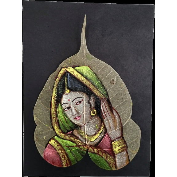 Handmade Indian Leaf Painting - Traditional Woman Portrait - Pipal Leaf Art (9*6.5 inch)