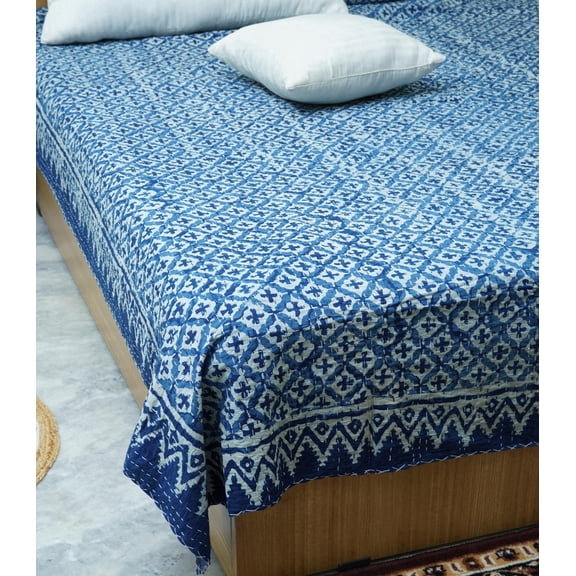 Handmade Indigo Block Print Indian Kantha Quilt in Soft Cotton, Blue Geometric Bedspread, Lightweight Boho
