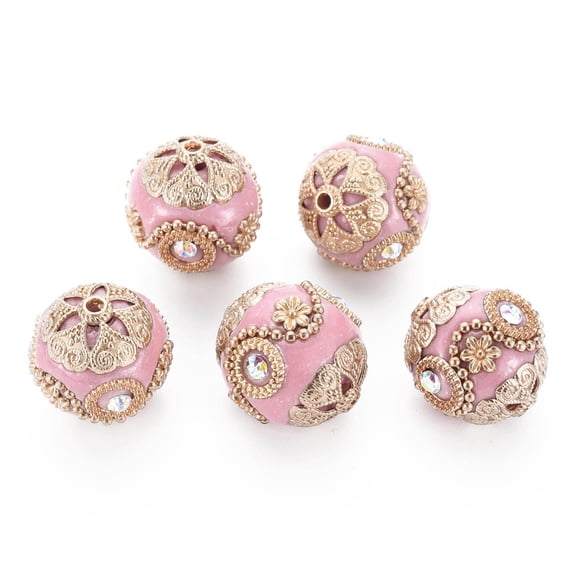 Handmade Indonesia Beads with Crystal AB Rhinestone and Golden Tone Brass Findings Round Pink 20x19~20mm Hole: 1.5~1.8mm