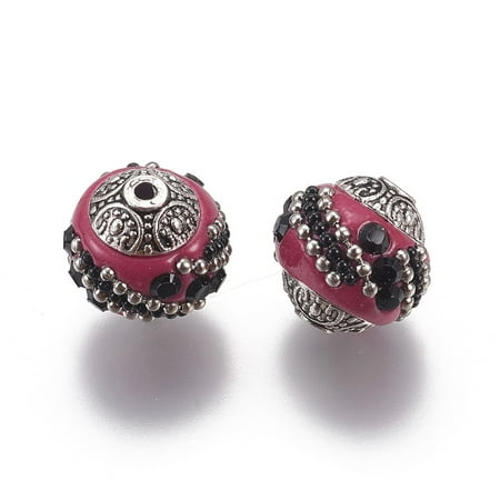 Handmade Indonesia Beads with Jet Rhinestones and Alloy Cores Round Silver Camellia 14~16x14~16mm Hole: 1.5mm for DIY