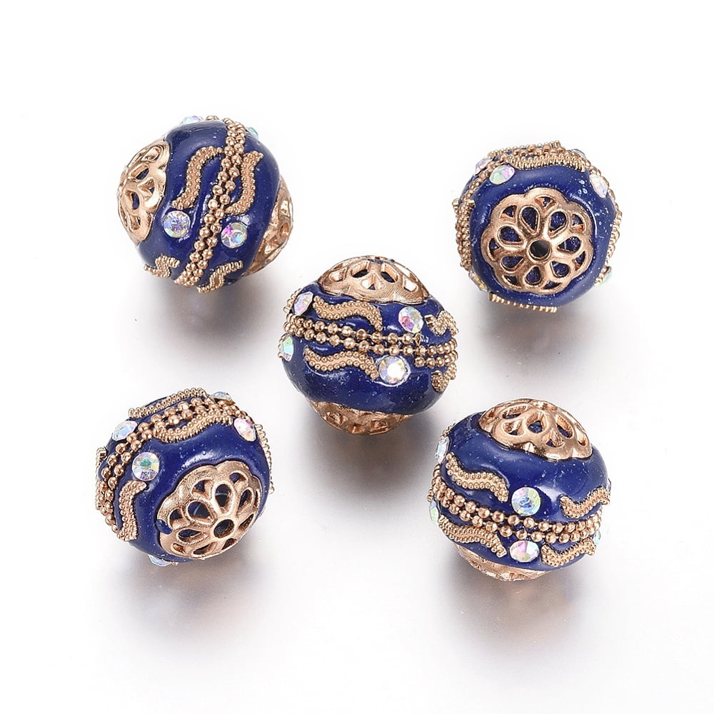 Handmade Indonesia Beads with Rhinestone Polymer Clay and Alloy Findings and Brass Chains Round Light golden Dark Blue 18~19mm Hole: 2mm