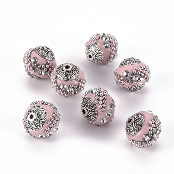 Handmade Indonesia Beads with Rhinestones and Alloy Cores Round Silver Flamingo 14~16x14~16mm Hole: 1.5mm DIY