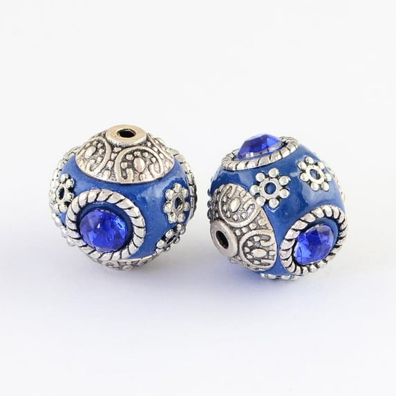 Handmade Indonesia Round Beads with Glass Cabochons and Silver Metal Color Double Alloy Cores Blue 14~15x15~16mm Hole: 2mm