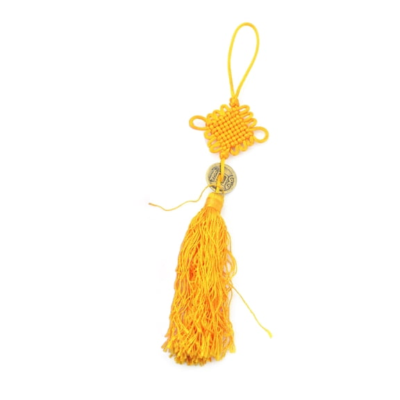 Handmade Infinity Mystic Knot Yellow Golden Color Long Hanging Good Luck Tassel Feng Shui Prosperity Coin - one piece