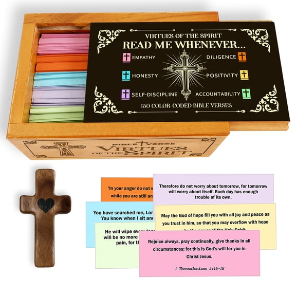 Handmade Inspirational Verse Cards Box – 150 Color-Coded Quotes with Wooden Pocket Cross for Personal Growth, Virtues & Reflection Gift, Encouraging Graduation Gift for Women & Men