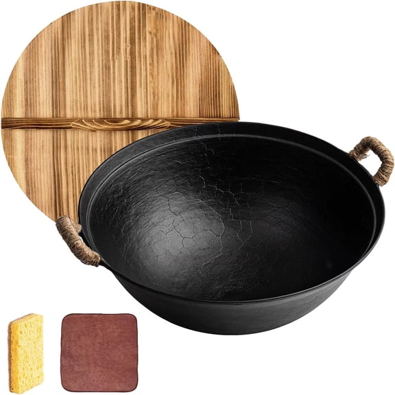 Handmade Iron Wok Small Round Bottom Wok for 1 Person with Twofold Handle Suitable for All Cooktops Uncoated Traditional Wok with Dishcloth and Brush