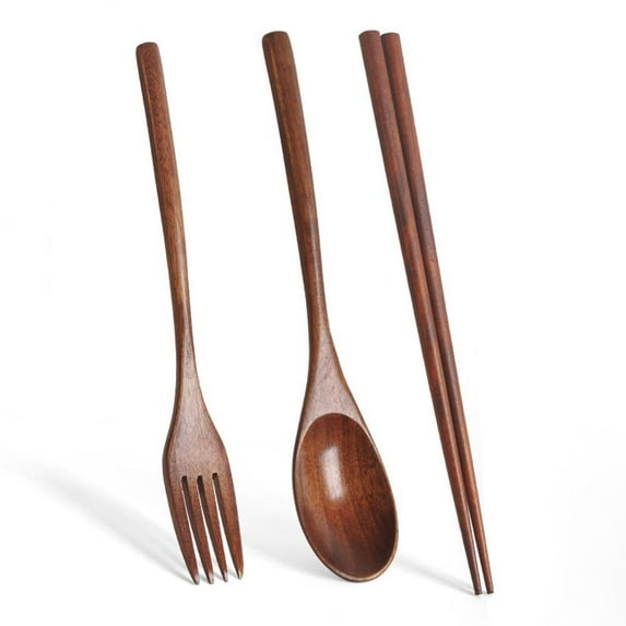 Handmade Japanese Natural Wooden Style Table Arts Set (1 Spoon, 1 Chopsticks, 1 Fork)