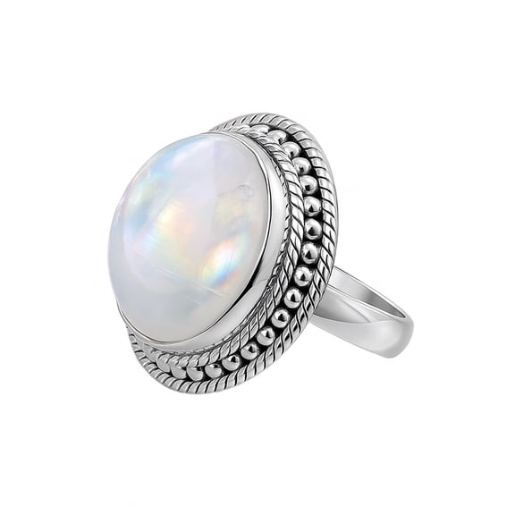 Handmade Jewelry Unique Fashion Genuine Gemstone Unique Ring for Women Men 925 Sterling Silver Blue FIRE Rainbow Moonstone Tribal FINE Ethnic Ring Size R 1/2